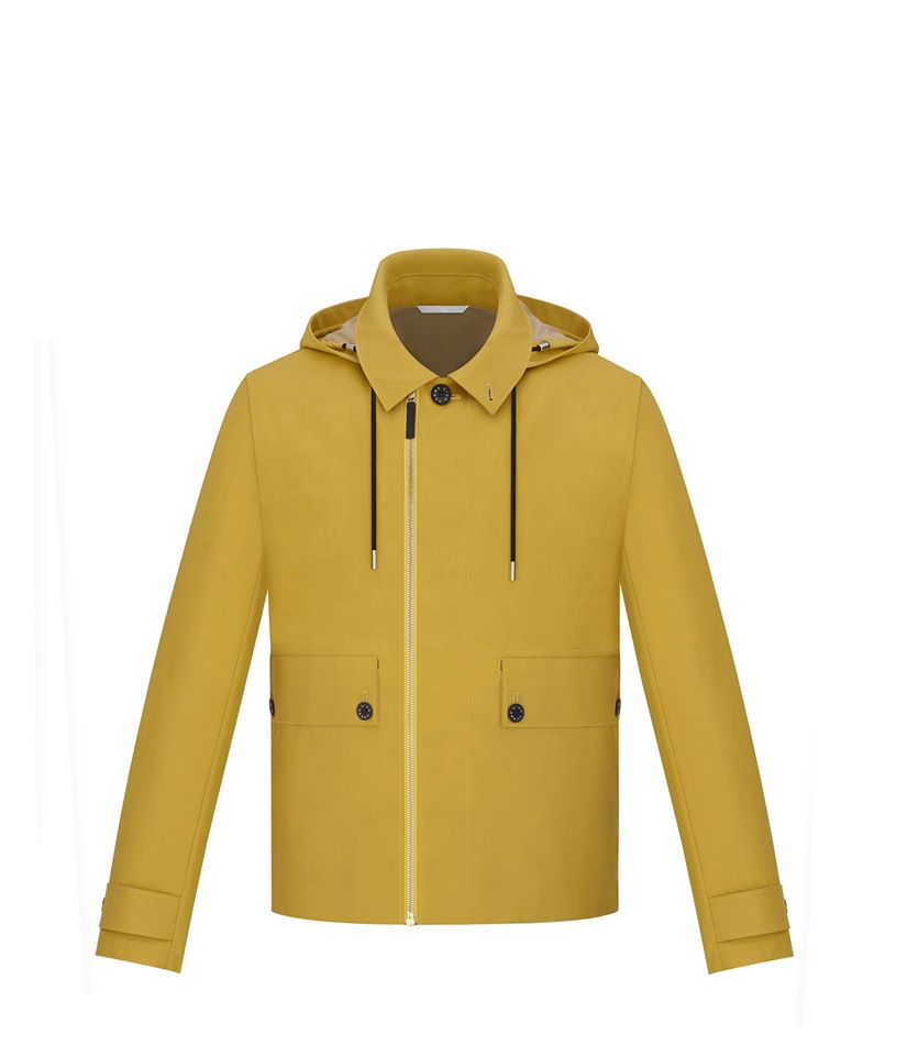 Yellow and stone bonded cotton blouson with detachable hood, adjuster tabs, horn buttons engraved "Dior homme" in white